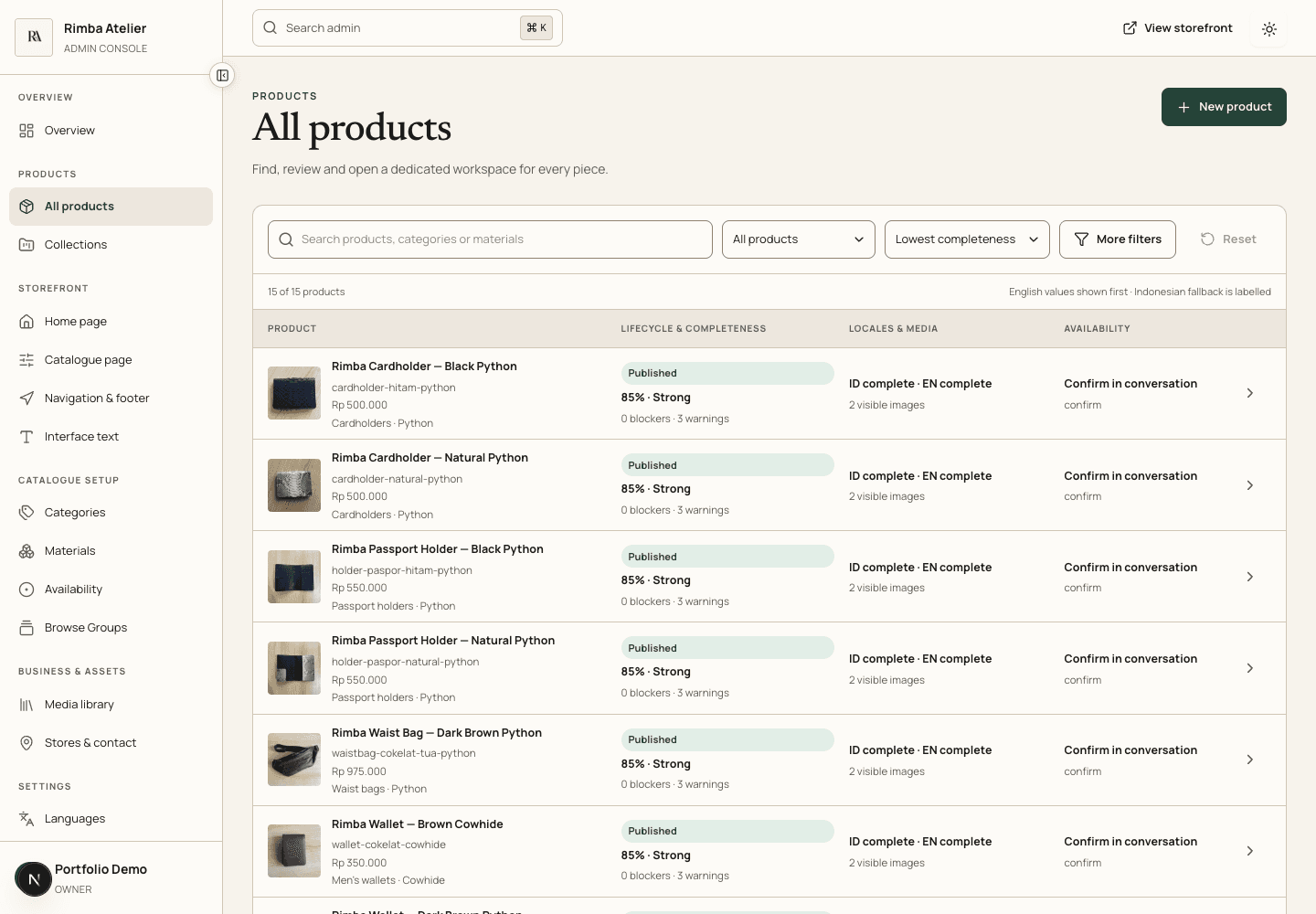 Rimba Atelier admin product list showing catalogue records, publishing state, and product completeness.