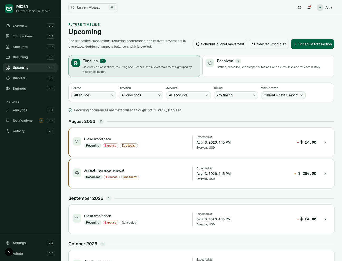 Synthetic Mizan Upcoming view combining scheduled and recurring household commitments on one timeline.