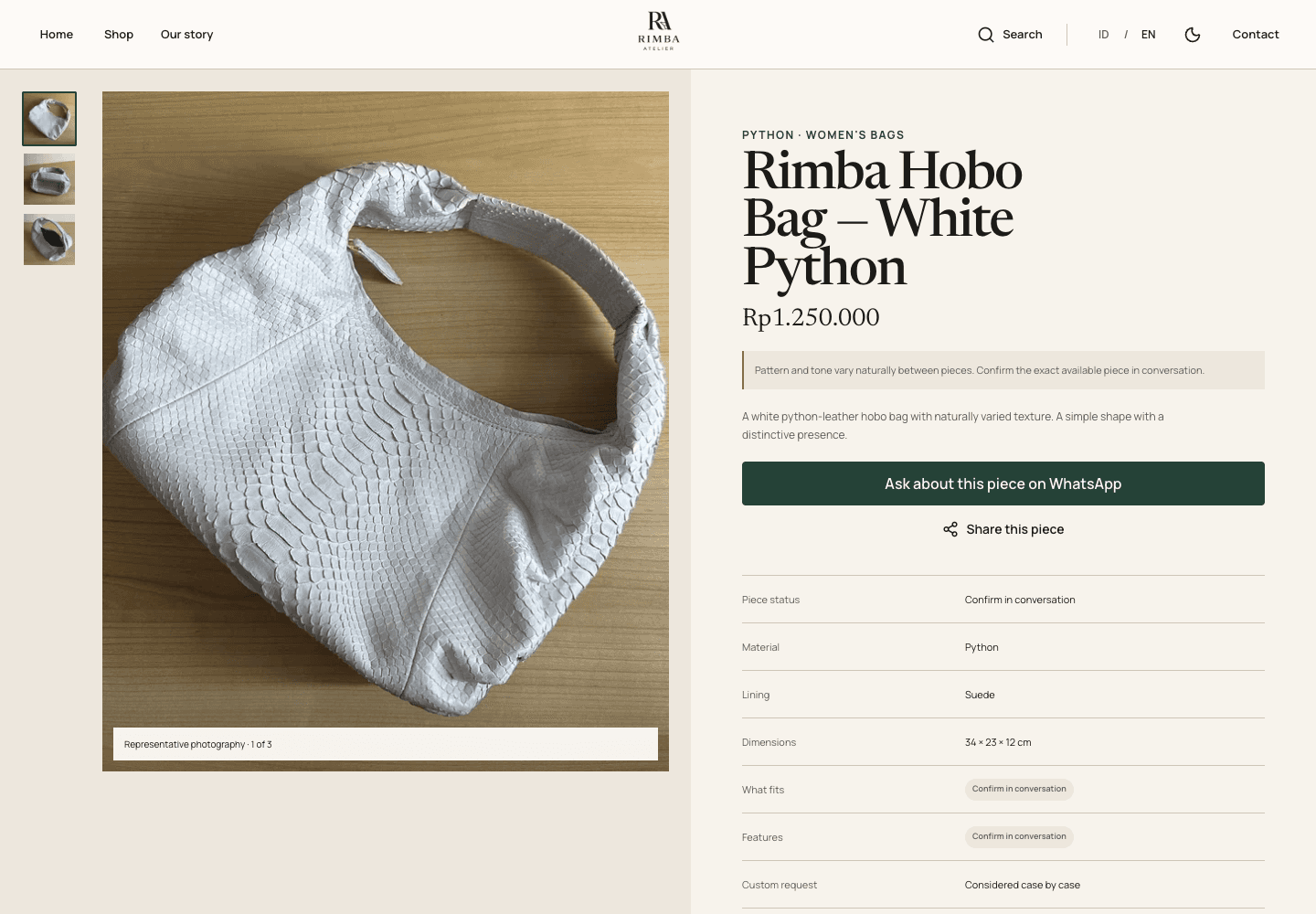 Rimba Atelier Hobo product page with a large leather bag image, product information, price, and availability.