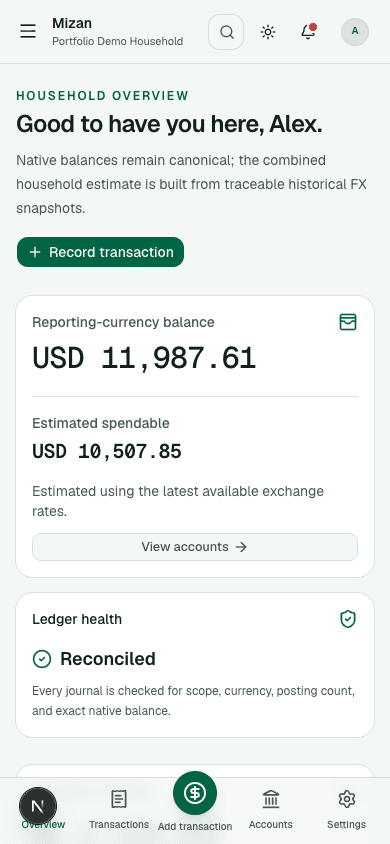 Synthetic Mizan mobile overview with balances, native-currency accounts, buckets, and recent activity in a narrow layout.