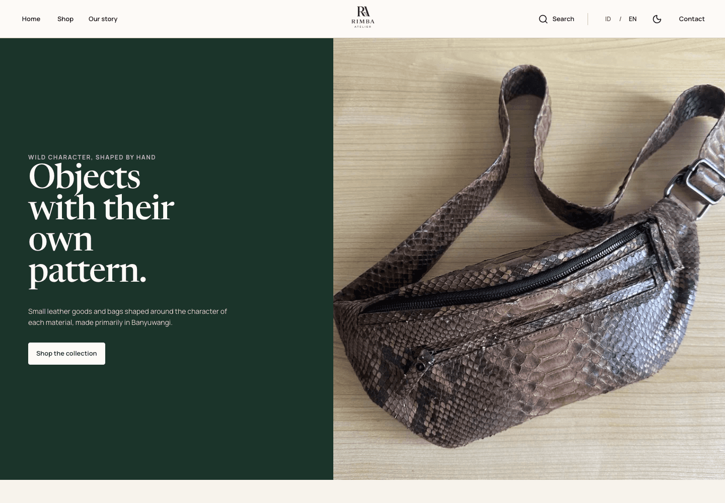 Rimba Atelier English homepage with a leather bag photograph, editorial headline, and shop navigation.