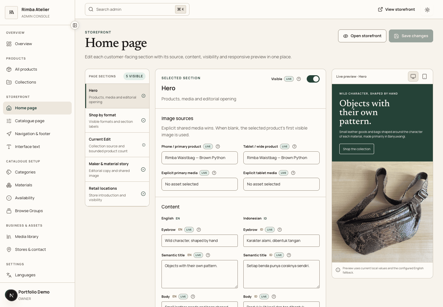 Rimba Atelier admin homepage editor with Indonesian and English content fields beside a live storefront preview.